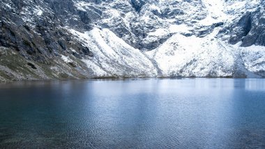 Polonya Tatry dağlarındaki Morskie Oko Karlı Dağ Kulübesi 'nin yakınındaki Kara Göl' de bulunan Çardak Staw modülü Rysamy veya Black Pond Gölü, insansız hava aracı manzarası, Zakopane, Polonya. Gökyüzü manzaralı güzel yeşil tepeler ve dağlar