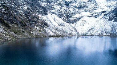 Polonya Tatry dağlarındaki Morskie Oko Karlı Dağ Kulübesi 'nin yakınındaki Kara Göl' de bulunan Çardak Staw modülü Rysamy veya Black Pond Gölü, insansız hava aracı manzarası, Zakopane, Polonya. Gökyüzü manzaralı güzel yeşil tepeler ve dağlar