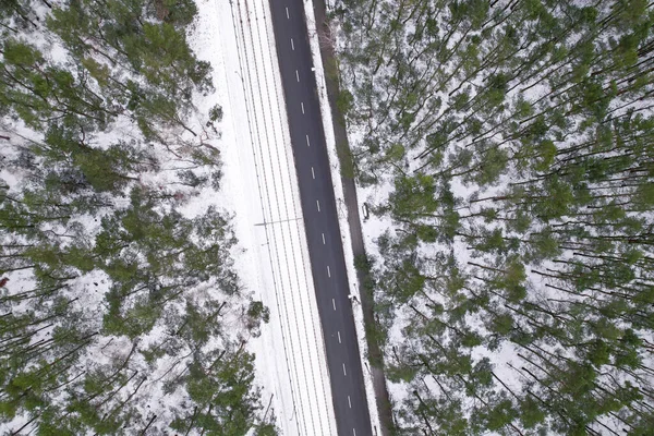 Aerial View Road Winter Time Road Surrounded Forest Trees Rural — 图库照片