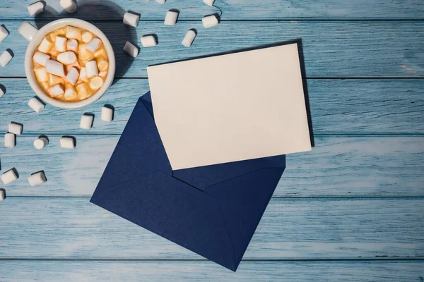 Empty Greeting Invitation Card Mock Blue Envelope White Cup Coffee — Fotografia de Stock