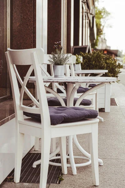 Outdoor Table Street Cafe Outdoor Empty Coffee Restaurant Terrace Potted — Stock fotografie
