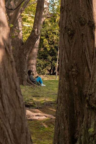 Приваблива Молода Жінка Читає Книгу Сидячи Траві Зеленому Громадському Парку — стокове фото