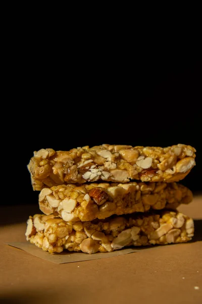 Homemade natural Granola energy bar. Variety of homemade Protein granola breakfast bars with nuts, raisins dried cherries and chocolate. Healthy nutrition eating. Gluten free cereal dieting snack