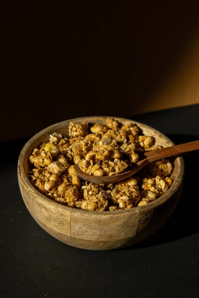 Homemade Granola Nuts Seeds Eco Tableware Wooden Bowl Healthy Snack — 스톡 사진