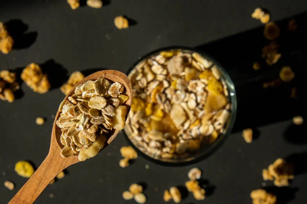 Homemade Oatmeal Granola Nuts Seeds Eco Tableware Jar Healthy Snack — Fotografie, imagine de stoc