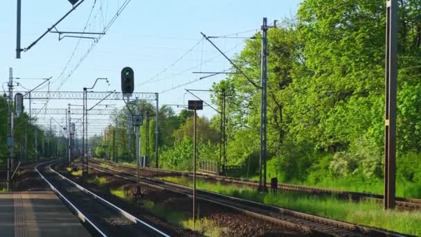 Tren Istasyonunda Tren Için Ileriye Giden Demiryolu Lokomotif Için Boş — Stok video
