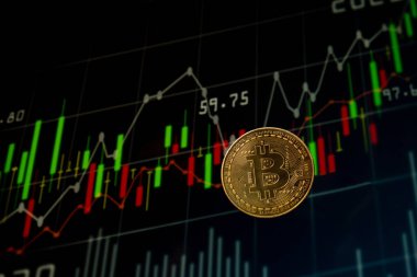 Borsa Çizelgesinde Bitcoin altın madeni para. Bitcoin madencilik ticaret konsepti. BTC altın parası. Dünya çapında sanal internet kripto para birimi veya şifreli dijital ödeme sistemi. Dijital madeni para