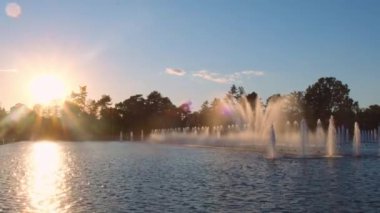 Wroclaw Multimedia Fountain gösterisi Stulecia Centennial Hall 'un önünde. Spor ve eğlence salonu. Seyahat güzergahı turistik eğlence 