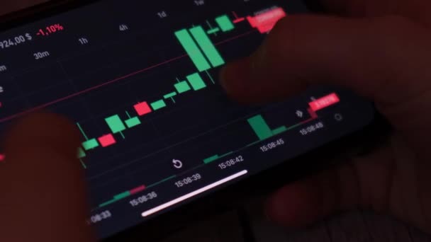投資株式ブローカー分析価格レートとデータグラフ スマートフォンアプリを使用して携帯電話上の金融データ株式市場を分析し オンライン取引をチェックしている暗号トレーダー投資家ブローカー — ストック動画