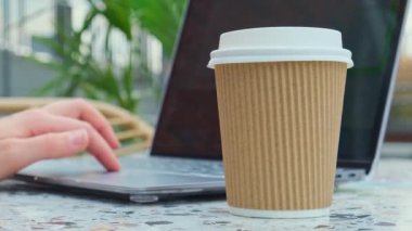 Tanınmayan genç bir kadın alışveriş merkezindeki ahşap masada modern bir dizüstü bilgisayarda çalışıyor. Kağıt bardaktan kahve içmek. Eş zamanlı çalışma alanında klavyede yazan Öğrenci Çalışan Kadın Elleri