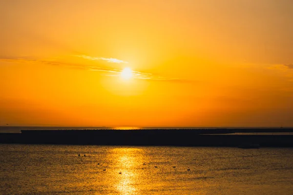 stock image Reflection of sunlight over sea surface at sunset. Orange and gold blue sky. Scenic Gold sea. Dramatic Yellow sun coming out of the sea. Majestic summer landscape