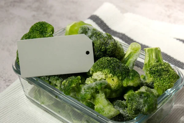 Frozen Food Broccoli Florets Empty Paper Note Copy Space Text — Stock Photo, Image