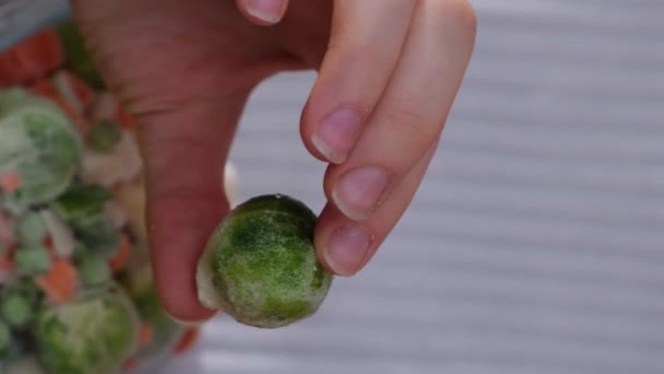 Tanımlanamayan Bir Kadın Yapımı Dondurulmuş Sebzelere Kamerayla Bakıyor Dikey Görüntü — Stok video