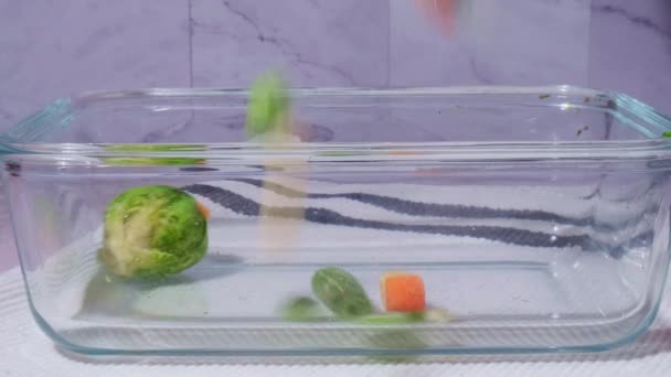 Падающие Замороженные Овощи Стеклянном Контейнере Длительного Хранения Запасы Овощей Зимнего — стоковое видео