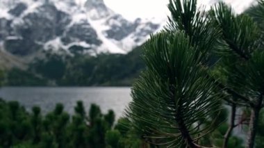 Tatra National Park, Poland. Famous Mountains Lake Morskie Oko Or Sea Eye Lake In autumn. Snow covered mountain peaks on background. Blue water nature landscape 4k