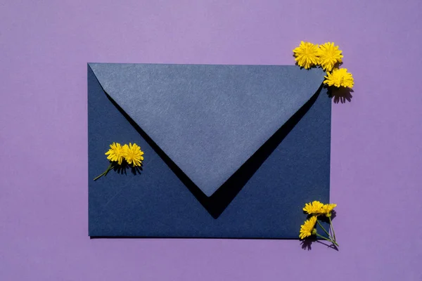 stock image Beautiful little yellow chamomile daisies flowers on postal blue envelope on violet background, empty paper note copy space for text, spring time, greeting card for holiday. Minimalism concept Vivid