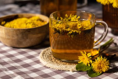 Dandelion flower healthy tea in glass cup on table. Herbal medicine Delicious tisane tea from with fresh yellow blossom dandelion flowers inside tea cup. Green clearing infusion Wildflowers Eco