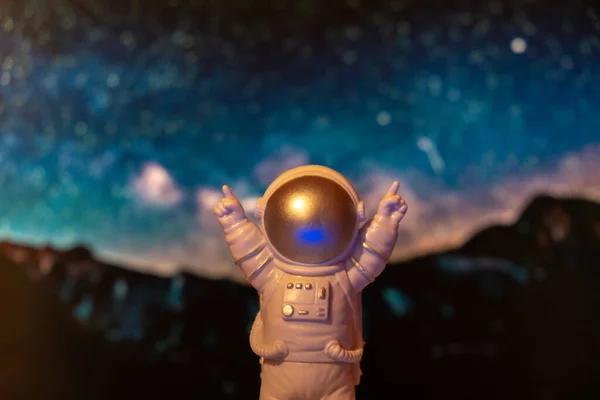 Plastic Toy Astronaut Universe Planets Background Copy Space Concept Out — Stockfoto