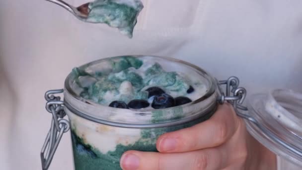 Mujer Irreconocible Comiendo Frasco Vidrio Natural Orgánico Yogur Casero Arándanos — Vídeos de Stock