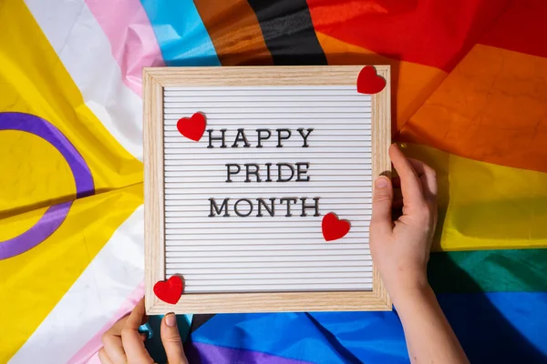 Happy Pride Month Frame Rainbow Lgbtqia Flag Made Silk Material — Zdjęcie stockowe