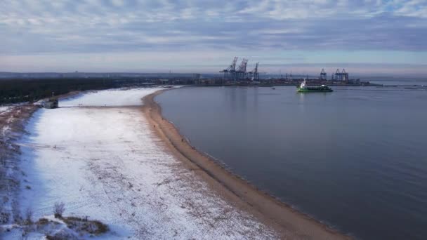 Aerial View Port Canal Shipyard Cranes Harbor Area Snow Covered — Stok video