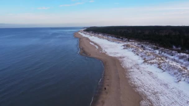 Zima Zimnej Bałtyckiej Plaży Śnieżnej Gdańsku Widok Lotu Ptaka Pokryta — Wideo stockowe