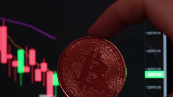 Mano Femminile Possesso Bitcoin Moneta Oro Sullo Sfondo Del Grafico — Video Stock