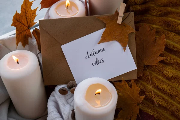 Autumn Vibes Text Greeting Card Concept Celebrating Autumn Holidays Cozy — Stock Photo, Image