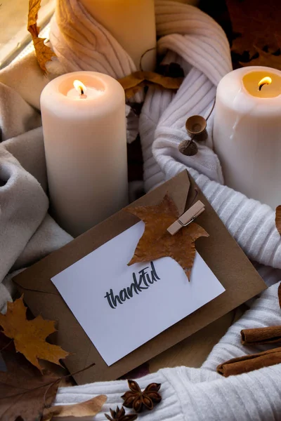 Köszönjük Szöveg Üdvözlőkártya Koncepció Hálaadás Ünneplése Őszi Ünnepek Hangulatos Otthon — Stock Fotó