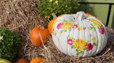 Beautiful painted Pumpkins in flowers rustic hay decoration outdoors. Stylish autumn decor of exterior building. Rural decor on haystack in street. Autumn fall harvest Thanksgiving and Halloween