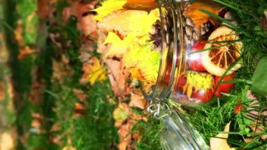 Ormanda sonbahar yapraklı cam kavanoz. Dikey Renkli sonbahar seti parlak kırmızı yeşil turuncu yapraklar, büyük çam kozalakları, kahverengi kestaneler ve cam kavanoz. Mevsimlik dekorasyon, sıcak doğal.
