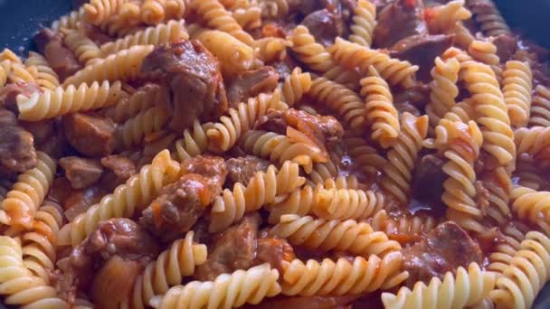 Cooking Pasta Pan Boiling Food Delicious Italian Bolognese Spices Minced — Vídeos de Stock