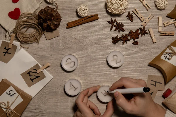 Unrecognizable Young Woman Paint Numbers Tea Candles Female Making Homemade — 스톡 사진