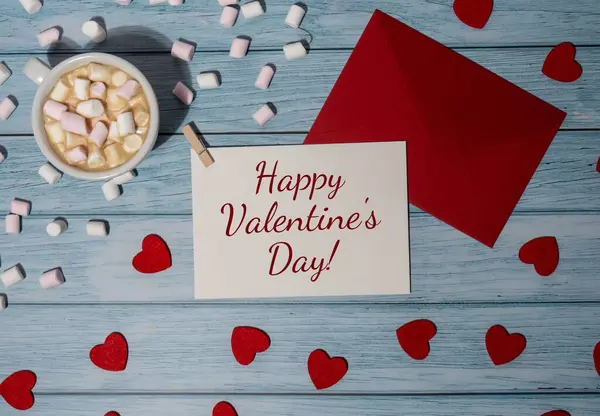 Happy Valentines Day Text Greeting Card Red Envelope White Cup — Φωτογραφία Αρχείου
