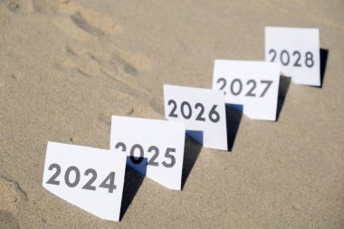 Üst üste 2024 'ten 2028' e kadar geçen yılların sayılı kağıtları. Yeni yıla başlama konsepti. Çözünürlük zamanı uçuş planı amaç motivasyon geri sayımıdır