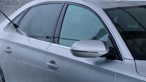 Washing Luxury Silver Car Touchless Car Wash Washing Sedan Car — Stok Video