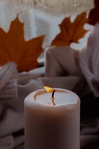 추수감사절 과헬로우 할로윈 컨셉트는 연휴를 날씨가 스웨터에 향신료와 촛불을 남기는 — 스톡 사진