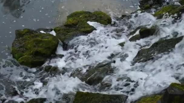 Powolny Film Przepływającym Wodospadem Bliska Ukazujący Ruch Wody Wodospad Górski — Wideo stockowe