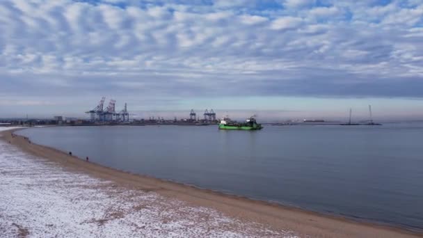 Aerial View Port Canal Shipyard Cranes Harbor Area Snow Covered — Stok video