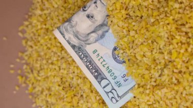 ABD Doları kağıt para para banknotunu karabuğday lapasına dikey yakınlaştır. Tahıl ürünleri piyasasındaki kriz, fiyatlardaki artış veya karabuğday gıda üretim hacimleri ve