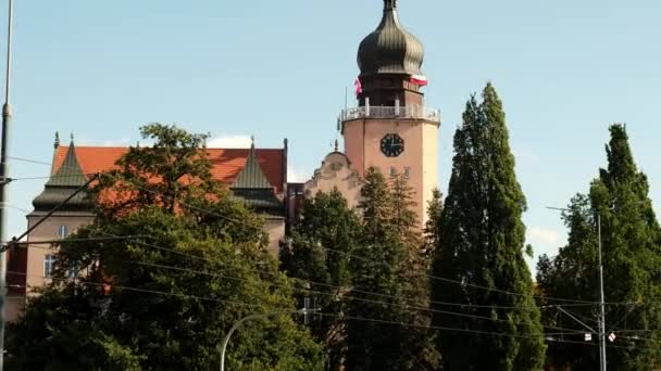 Kilátás Városi Kormányhivatal Elblag Keresztül Zöld Fák Lengyel Zászlók Szélben — Stock videók