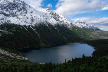 Polonya Tatry dağlarındaki Morskie Oko Karlı Dağ Kulübesi, insansız hava aracı manzarası, Zakopane, Polonya. Güzel yeşil tepelerin ve dağların kara bulutlardaki görüntüsü ve Morskie Oko Gölü 'nün yansıması.