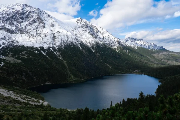 Morskie Oko Snowy Mountain Hut Pegunungan Tatry Polandia Pandangan Drone — Stok Foto