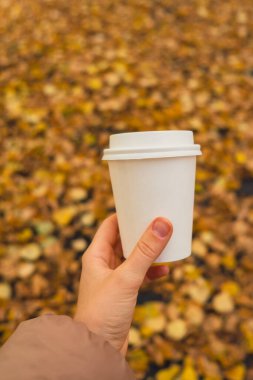 Eko-Sıfır 'ı tutan tanınmayan kadın beyaz kağıt bardakların fotokopisini çekti. Sonbahar doğasının yanına gitmek için sonbahar yaprakları ve bir fincan çay. Doğa ile birleştir Cottagecore
