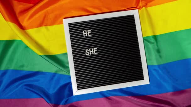 Stop Motion She Text Neo Pronouns Concept Rainbow Flag Background — Stock video