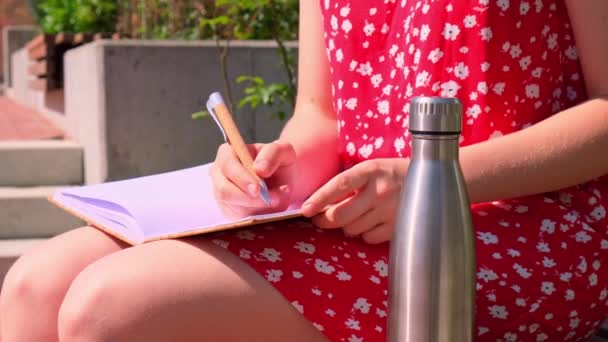 Siswa Muda Belajar Dengan Notebook Bangku Kayu Taman Minum Kopi — Stok Video