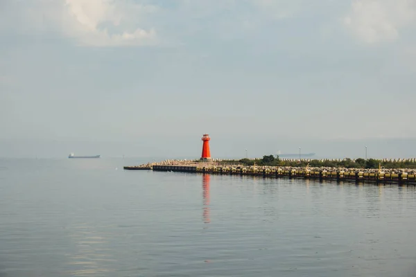 Lighthouse Blue Sea Line Waves Sunny Day Baltic Sea Gdansk — Stock Photo, Image