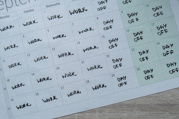 4 day work week printed calendar with weekend days four day working week concept. Modern approach doing business short workweek. Effectiveness of employees. Productivity and efficiency days off 