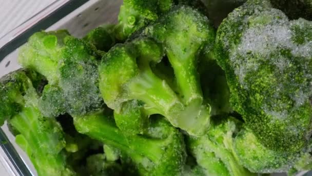 冷凍食品ブロッコリーの小艦隊自家製 収穫の概念 冬の貯蔵のための野菜を積み上げる 健康食品 調理成分 — ストック動画