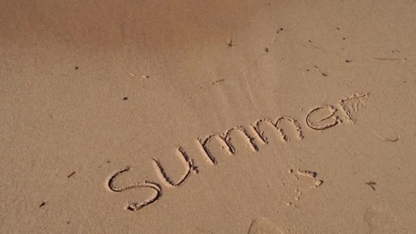 Text Summer Handwritten Sand Surface Blue Ocean Wave Washing Away — Stock Video